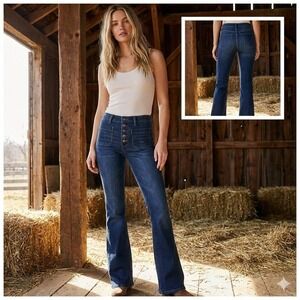 Free People Seam Flare Jeans 24 Button Fly Dark Wash Stretch Denim Patch Pocket